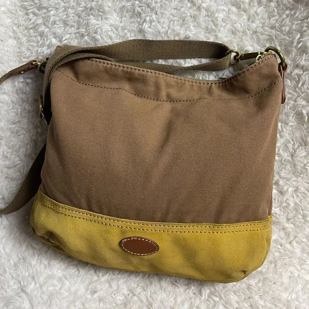 Fossil Brown canvas and yellow mustard suede medium shoulder/crossbody bag .
